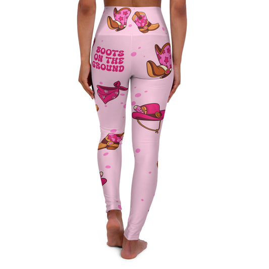 "Boots on the Ground” Pink Cute High-Waisted Yoga Leggings, Line Dancers Trendy Fitness, Activewear for Women