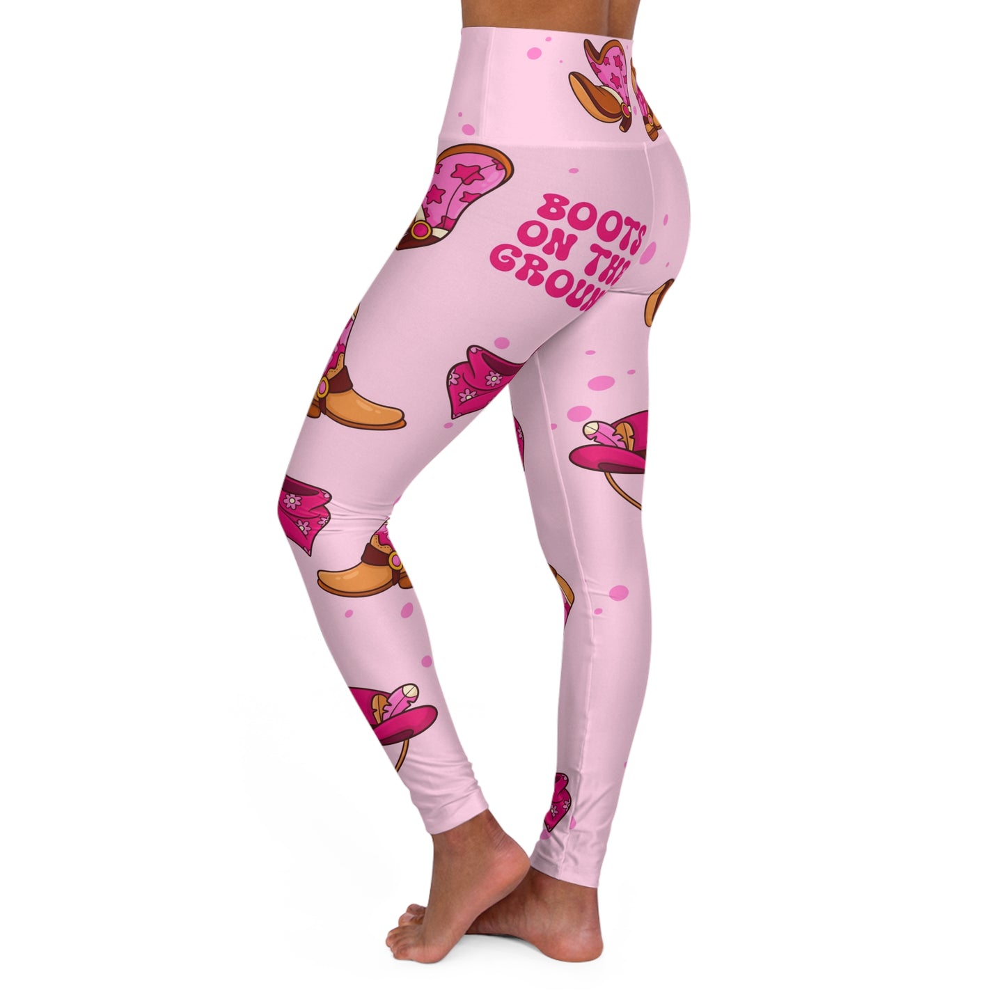 "Boots on the Ground” Pink Cute High-Waisted Yoga Leggings, Line Dancers Trendy Fitness, Activewear for Women